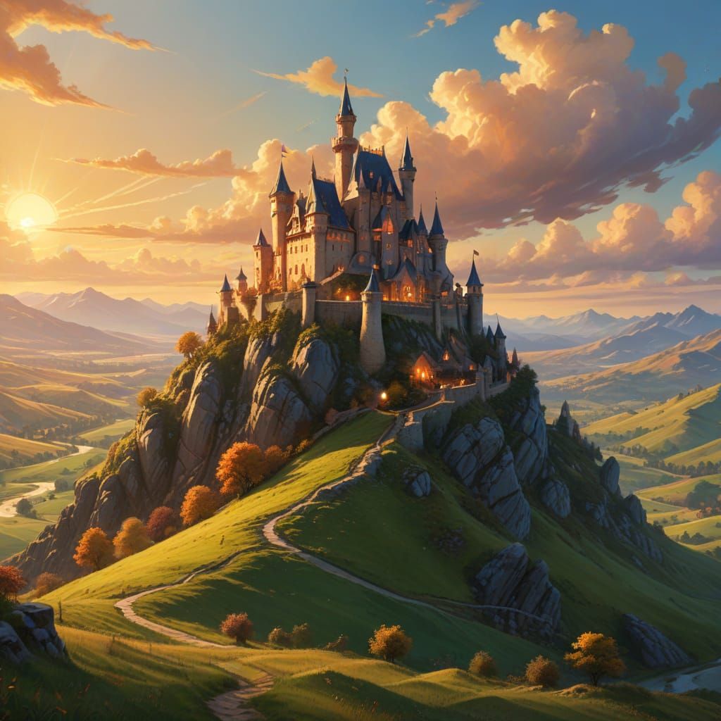 Enchanting Castle on Rolling Hills: Fantasy Art