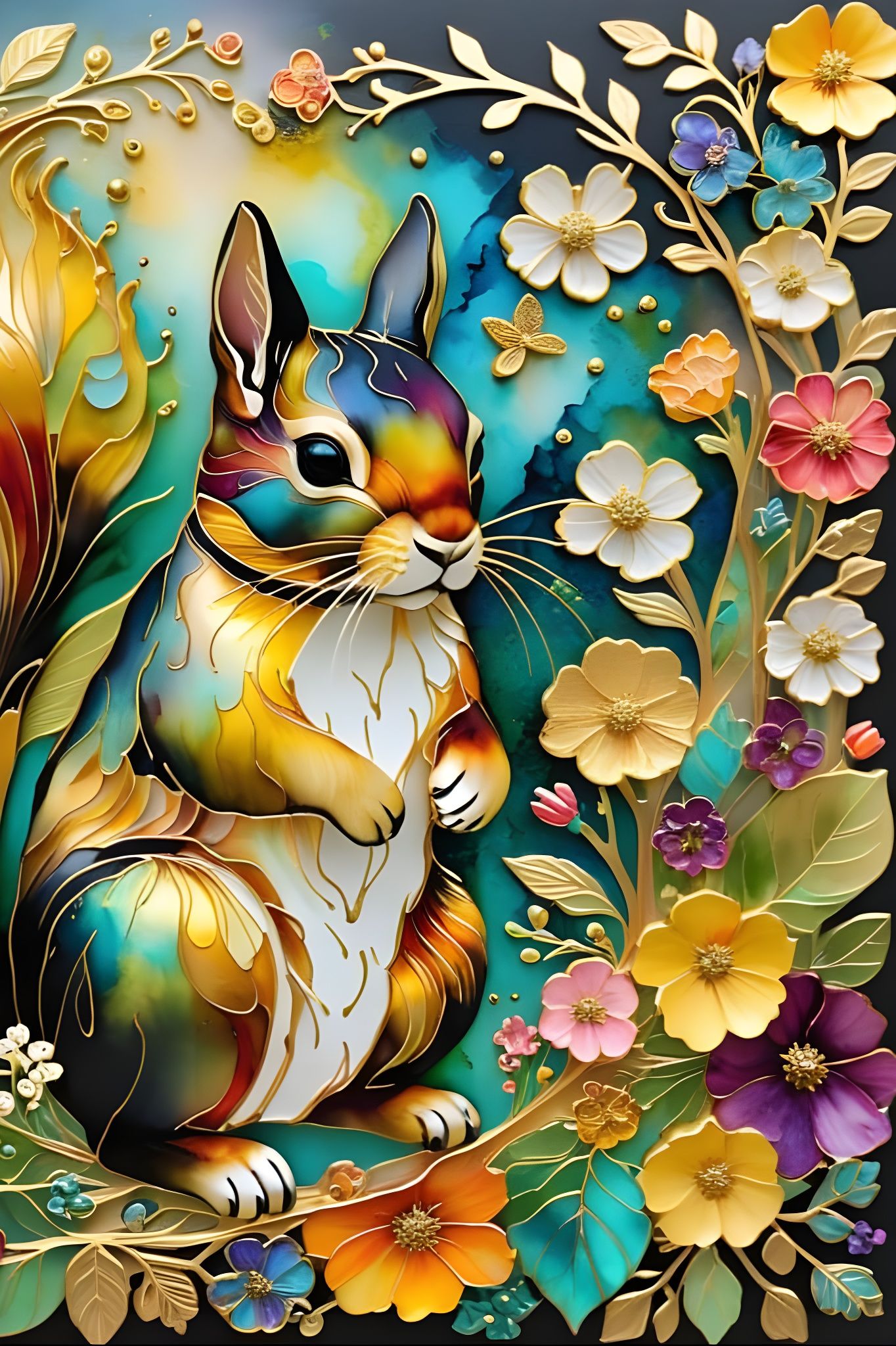 Squirrel in Lush Metallic Garden: Alcohol Ink Art