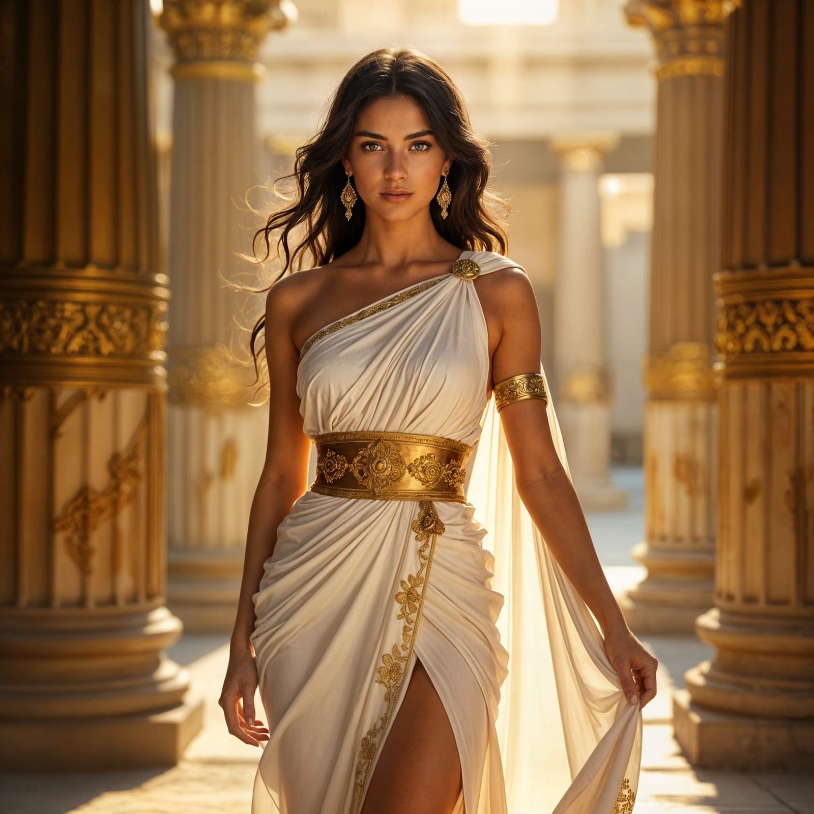 Greek Goddess in Temple, Classical Oil Painting Style