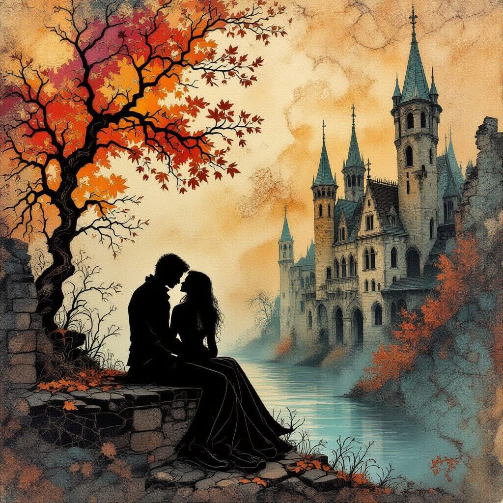 Autumn Lovers on Tea-Stained Parchment in Abstract Decay