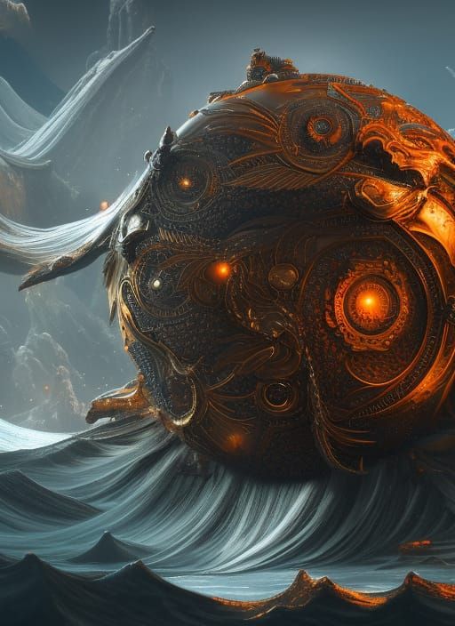 Yin and Yang symbol made of metal rising from the sea, detailed matte painting, deep color, fantastical, intricate detai...