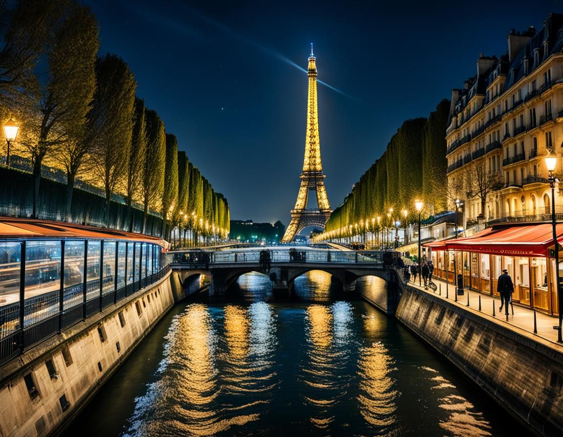 Eiffel Tower at Midnight from Quai de Seine, Paris