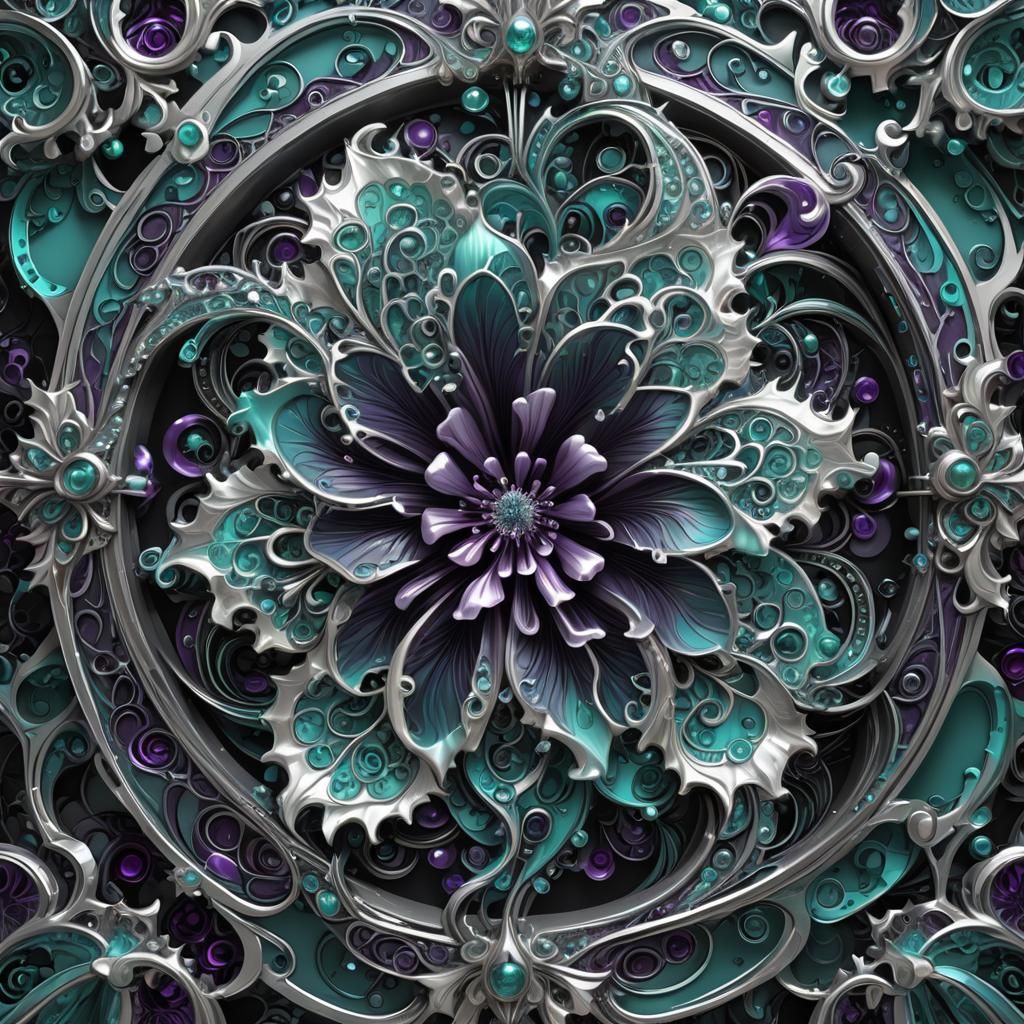Fractal Hibiscus Portals in Silver and Teal