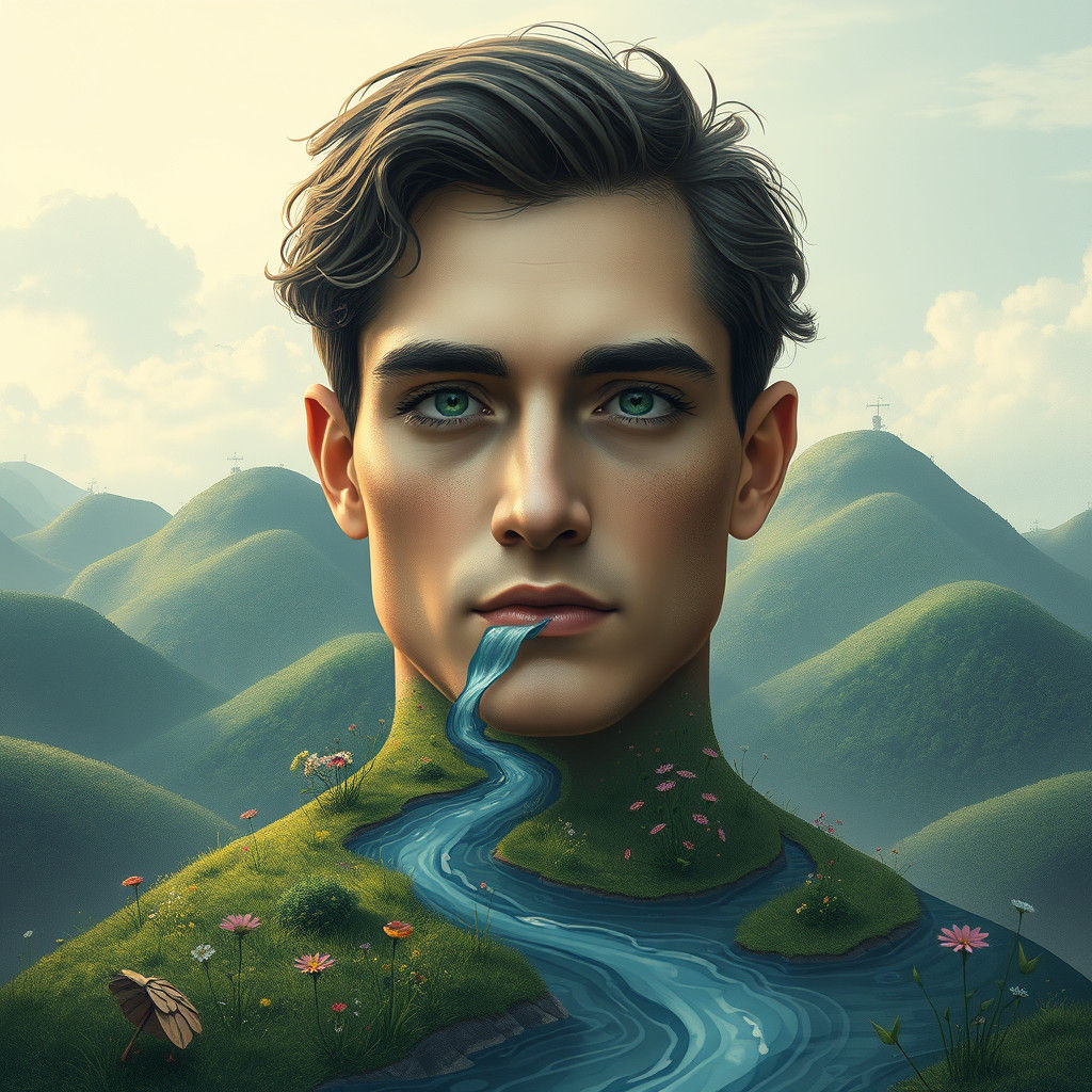 Surreal River Man Portrait in Futuristic Style