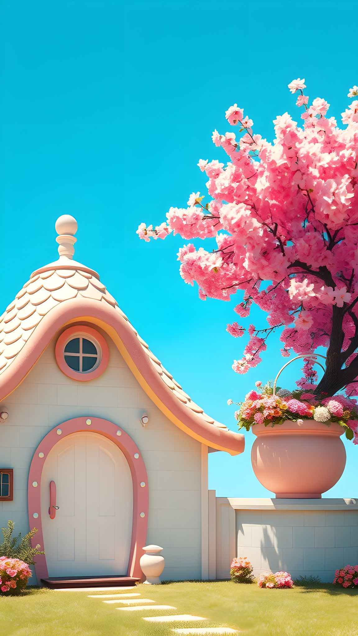 Mushroom House with Cherry Blossom in Bloom