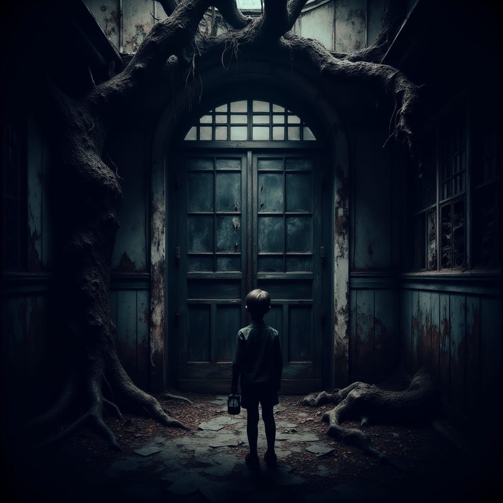 Moonlit Japanese School Courtyard with Twisted Tree and Boy