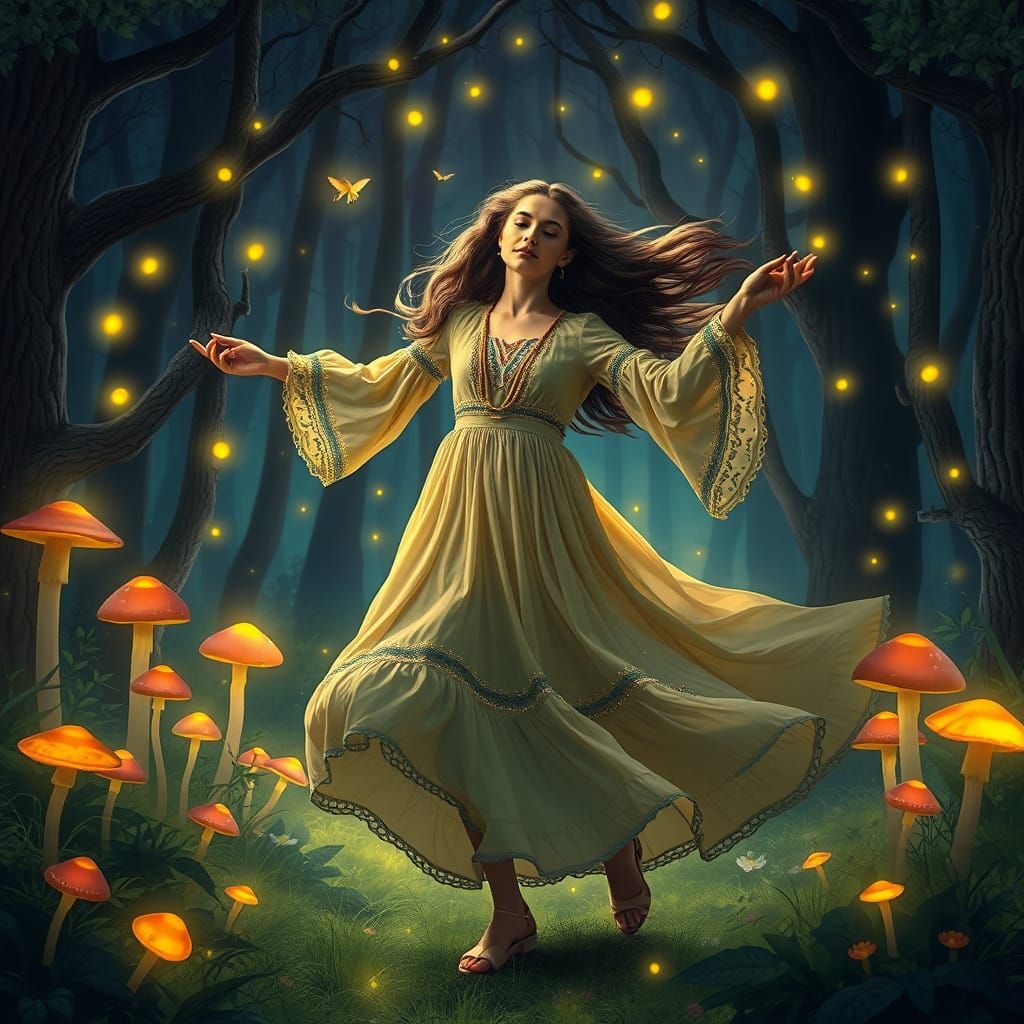 Bohemian Dancer in Whimsical Forest, Dreamlike Art