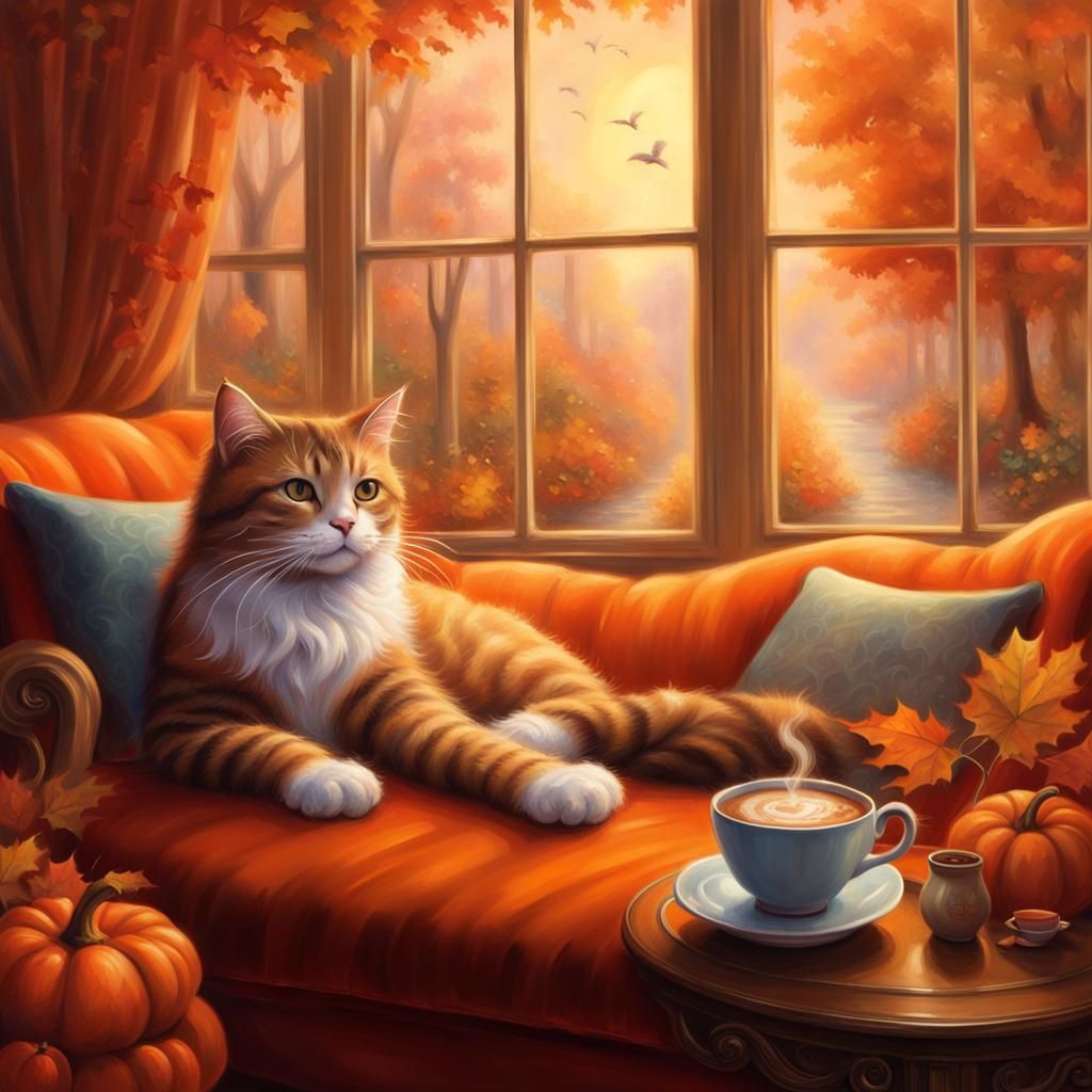 Cozy Autumn Cat with Coffee, Ethereal Fantasy