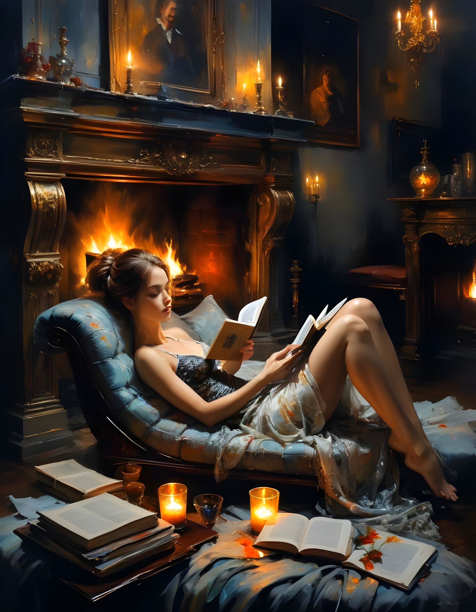 Woman Reading by Candlelight in Dark Room