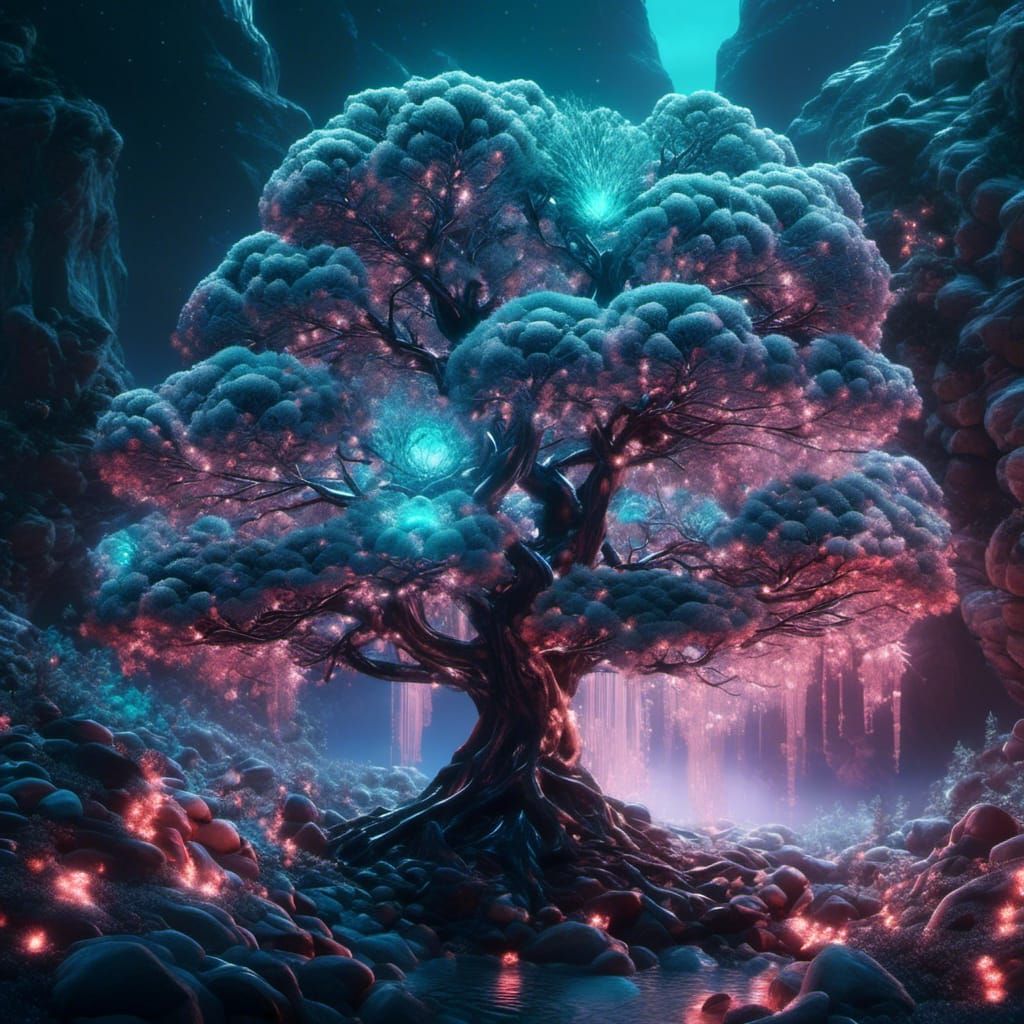 Underwater Crystal Cybercore Tree with Aurora Reflection