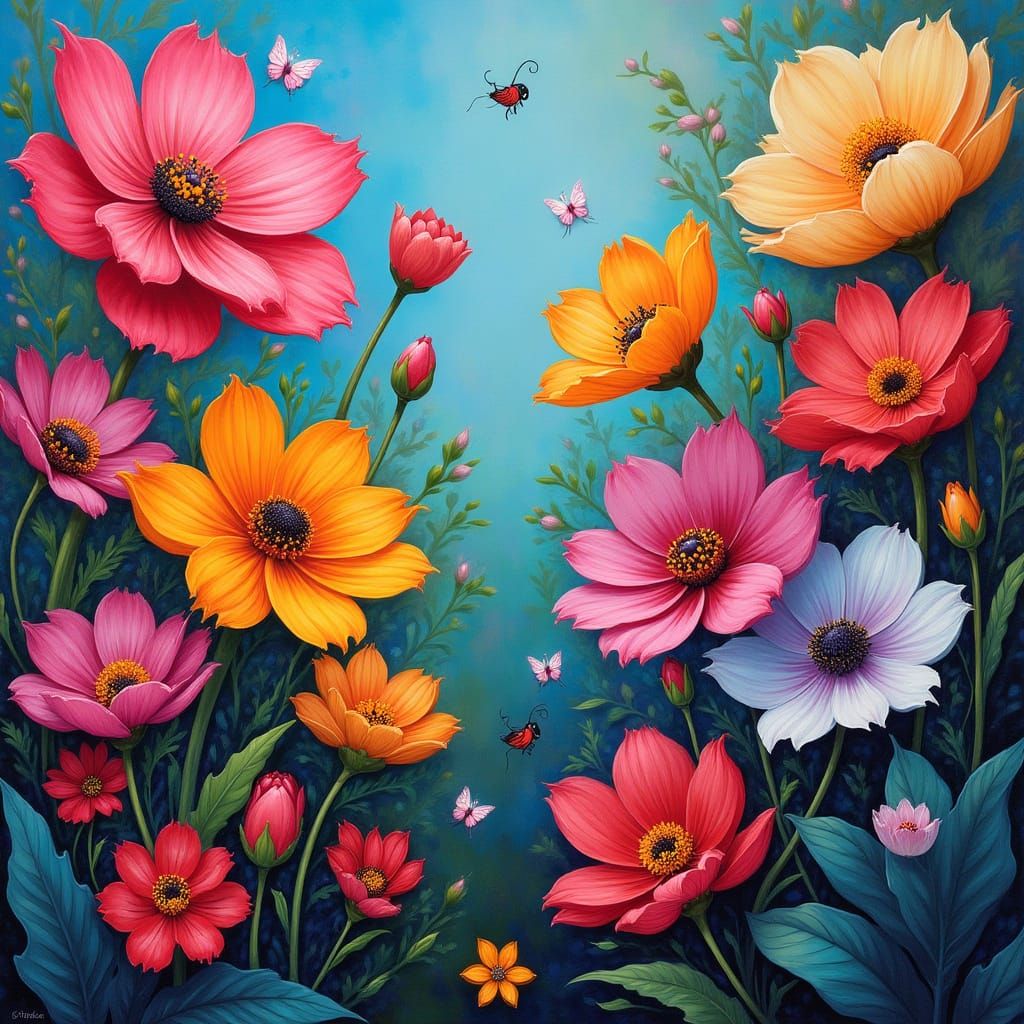 Vibrant Flowers in a Whimsical Garden