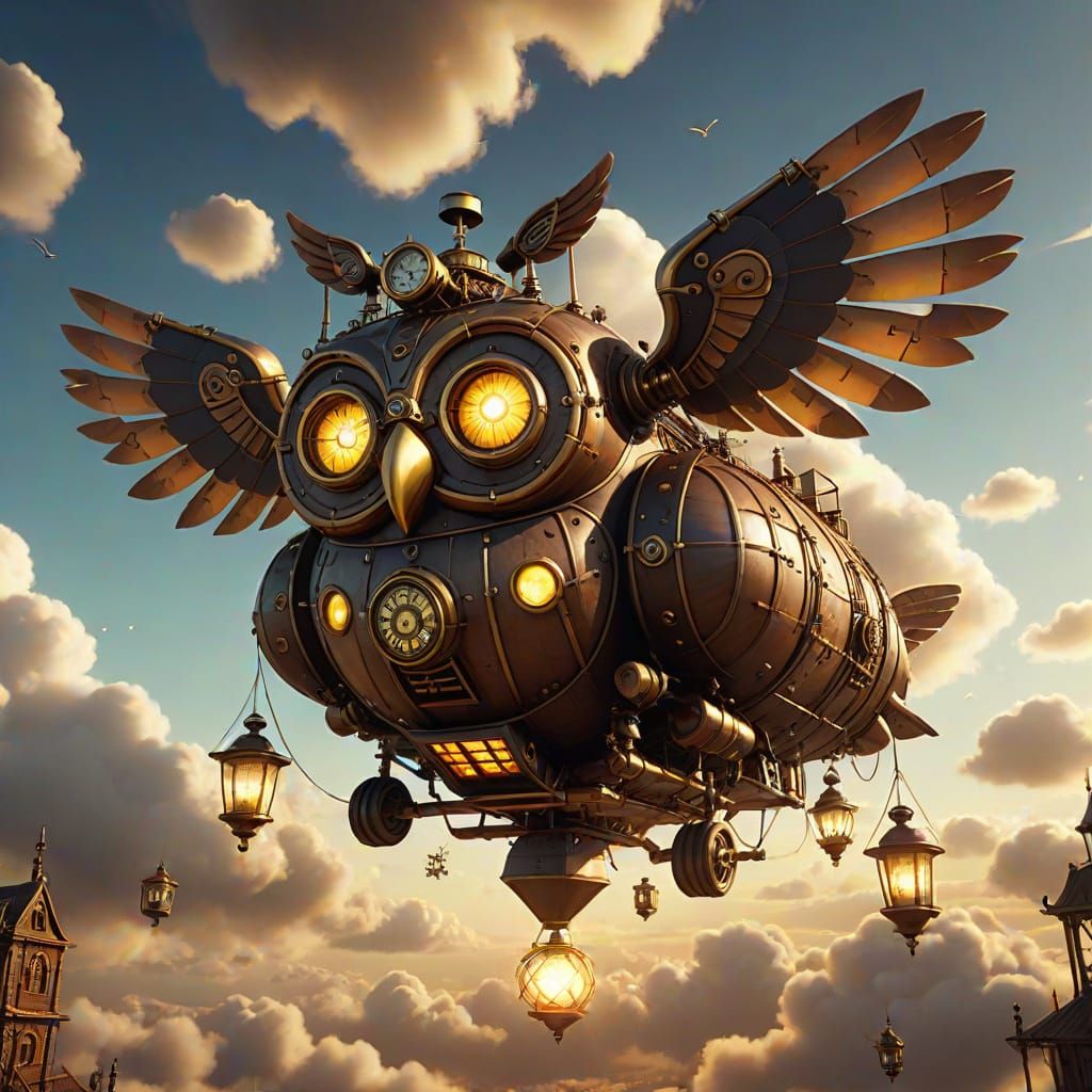 Steampunk Owl Airship Soaring Through Cloudy Skies