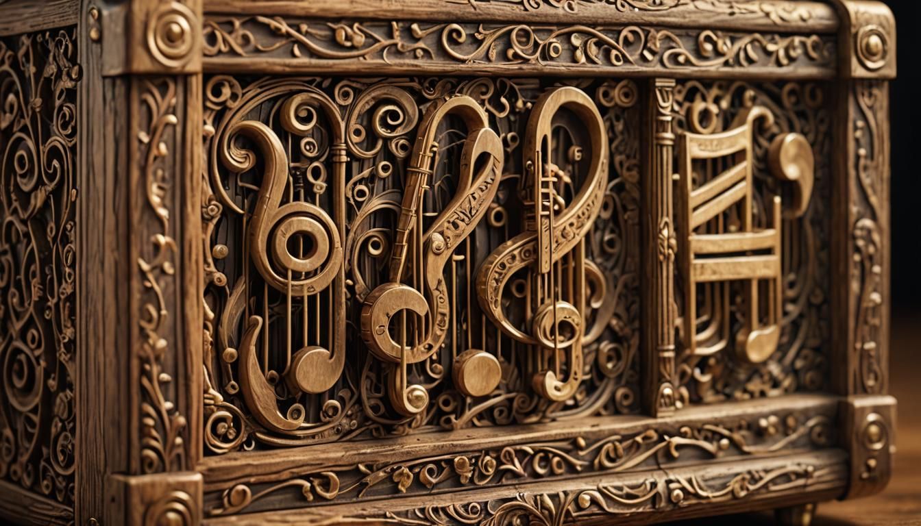 An ancient music box engraved with detailed music notes engr...