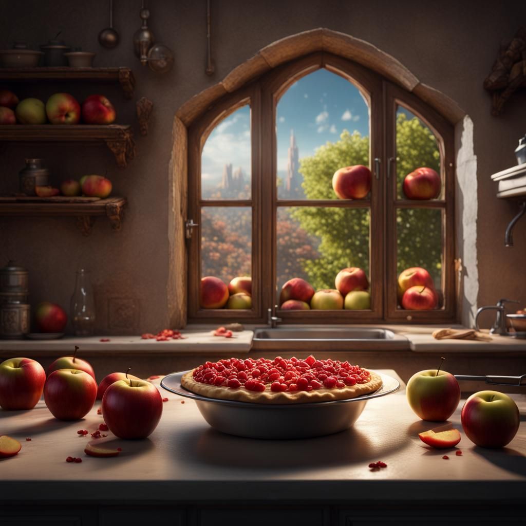 Apple Pie on Kitchen Window, Detailed Digital Art