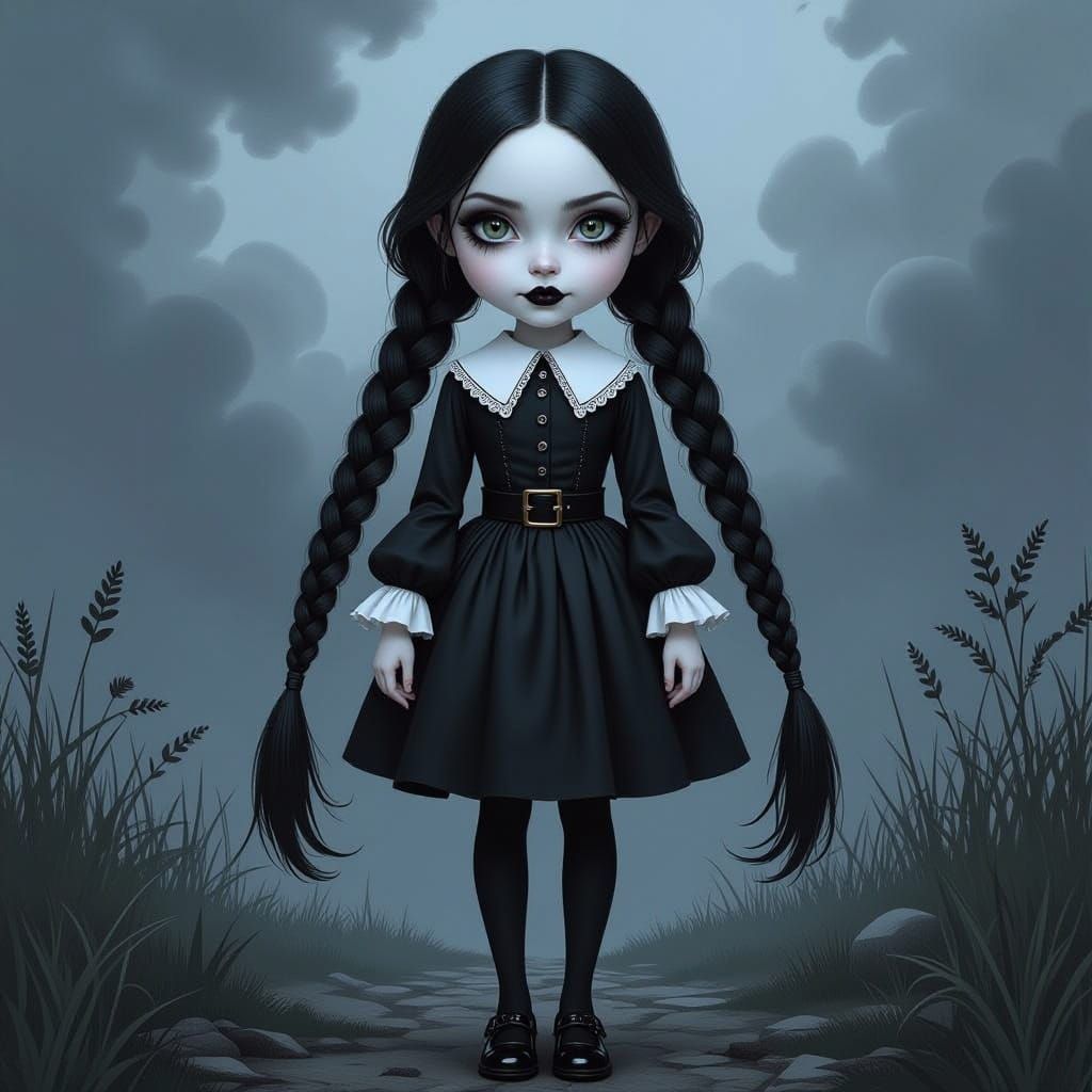 Gothic Girl in Black Silk Dress with Creepy Castle Backgroun...