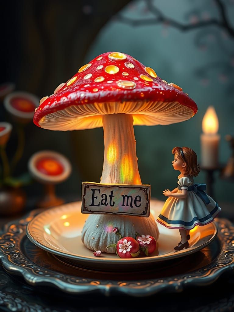 Curious Wanderer Approaches Iridescent Magic Mushroom