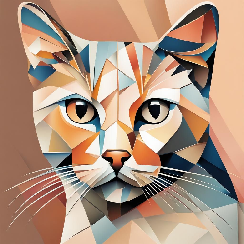 view of a cat decomposed into parts in cubist style, minimal...