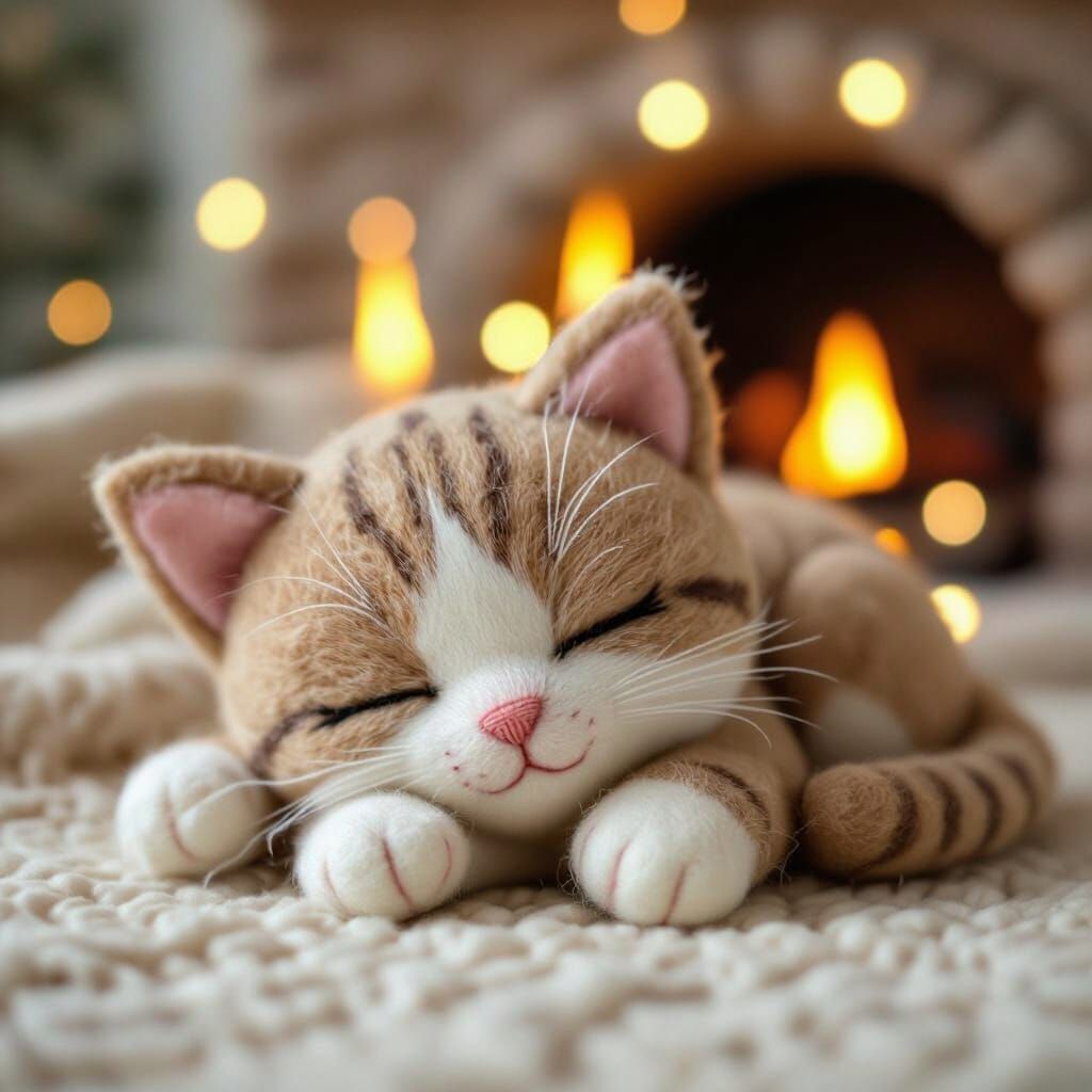 Macro Photograph of Adorable Felt Cat Sleeping