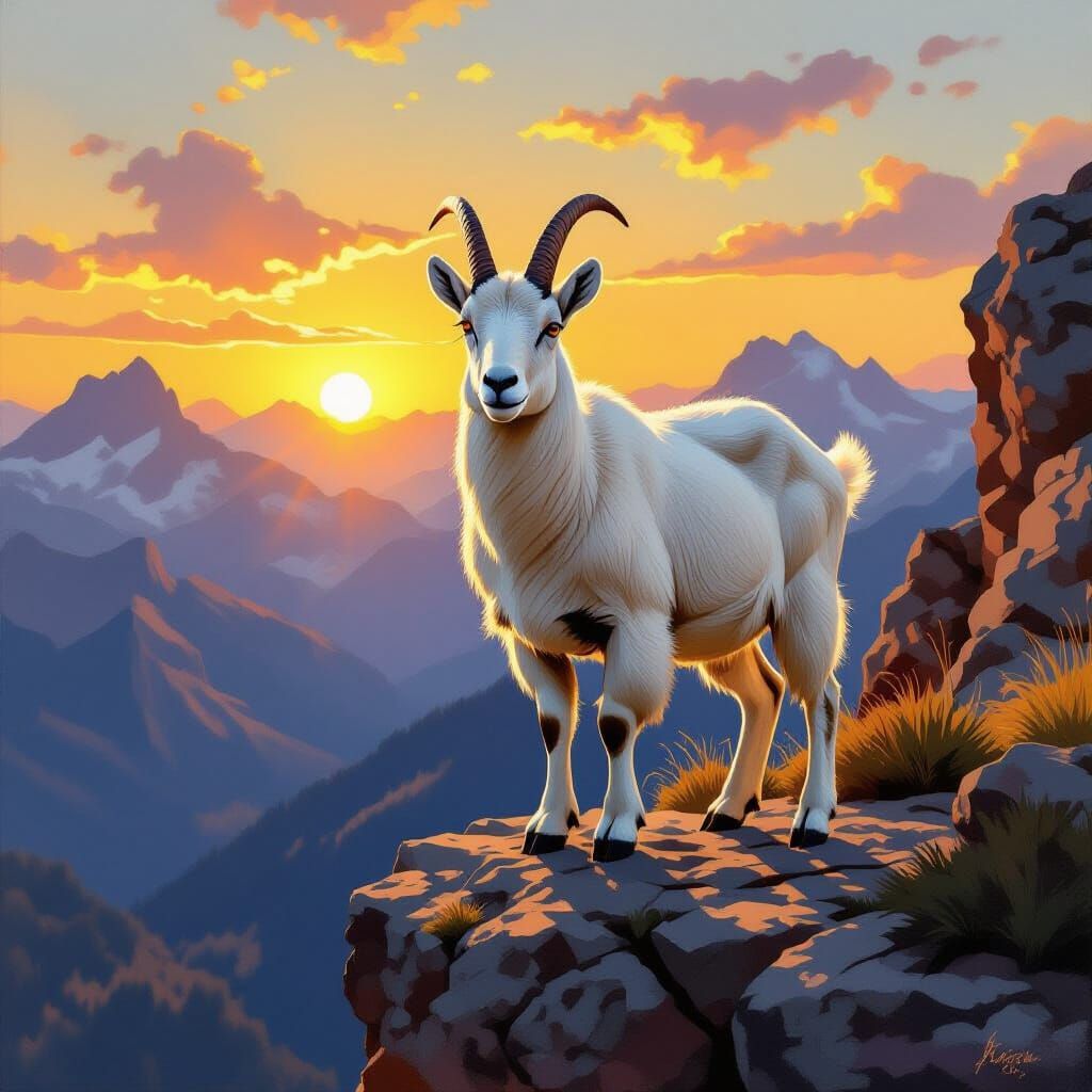 Mountain Goat on Cliff at Sunset Oil Painting