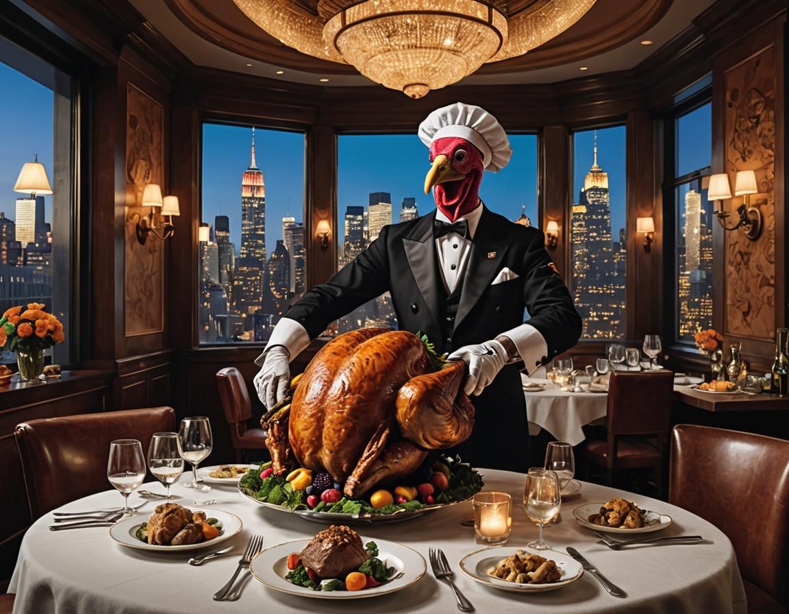 Turkey Waiter Cooking Roast Turkey in Restaurant