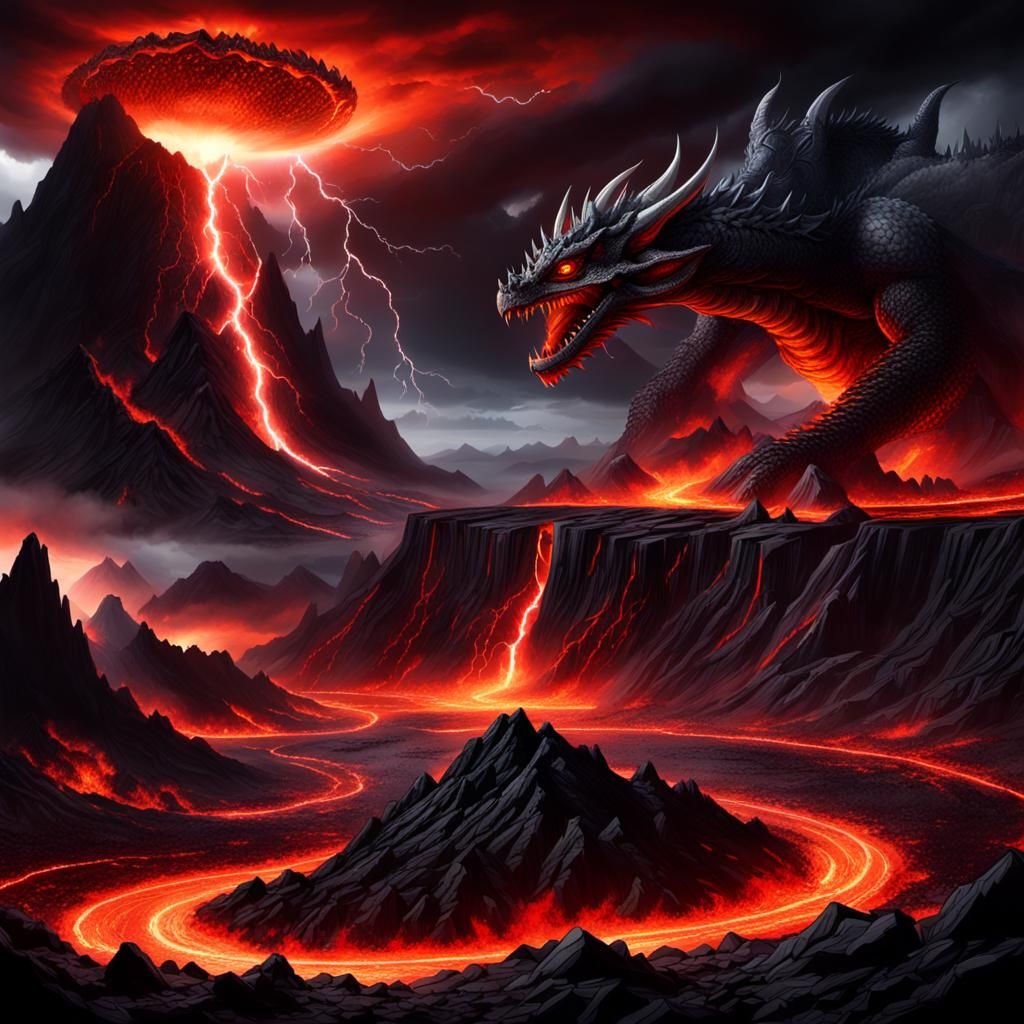 Ominous Wyvern in Volcanic Landscape at Night