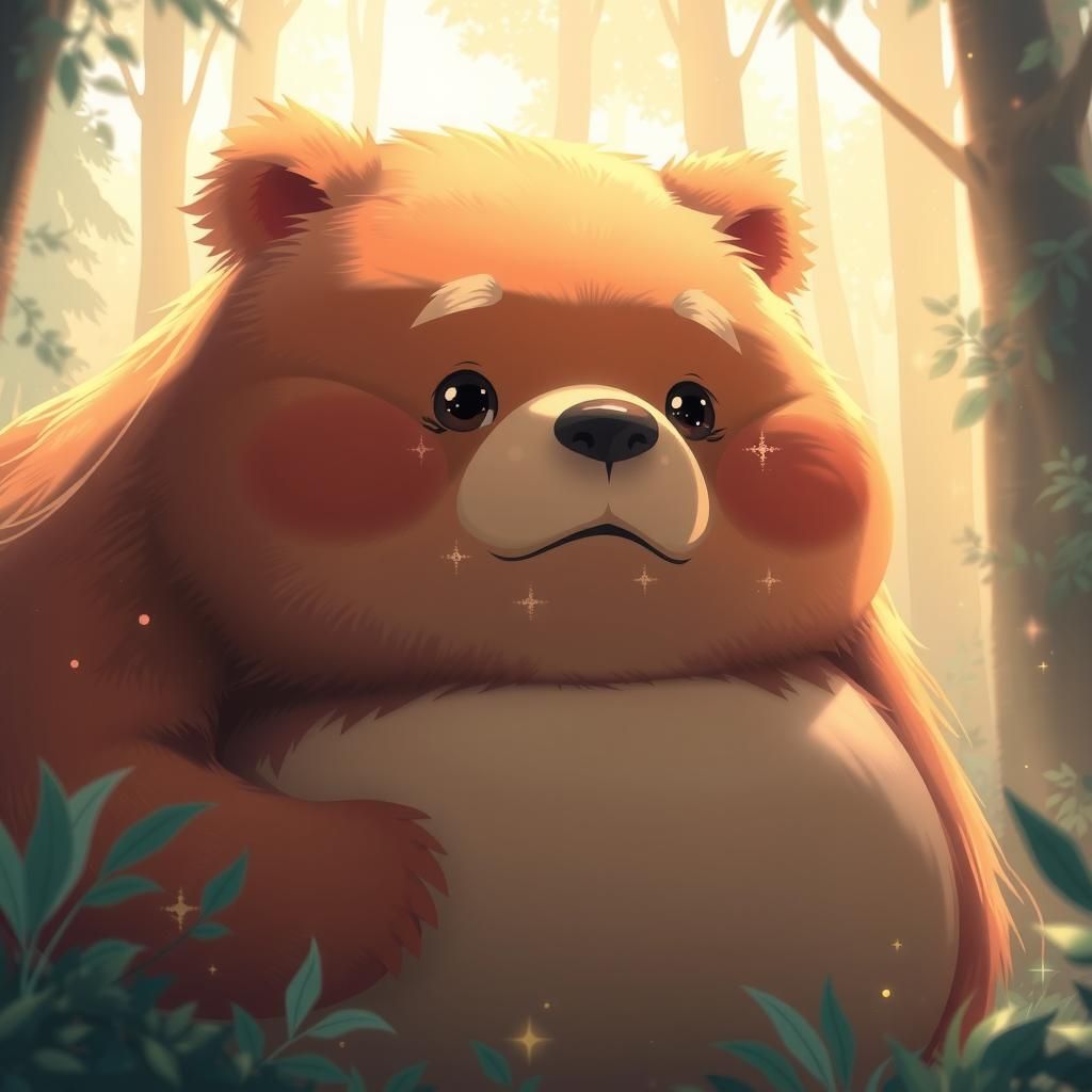 Fuzzy Chubby Bear in Sunlit Forest, Anime Style