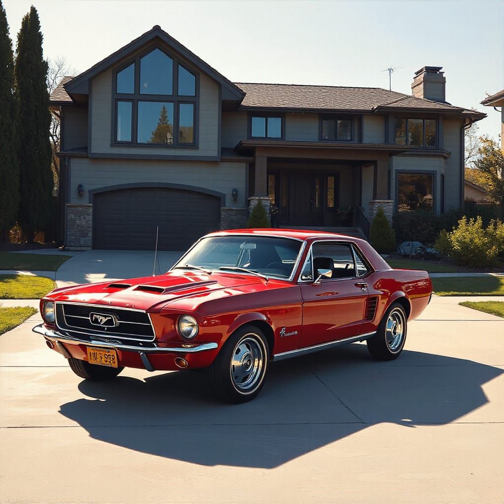 Cherry Red 1967 Mustang Parked at Modern Home