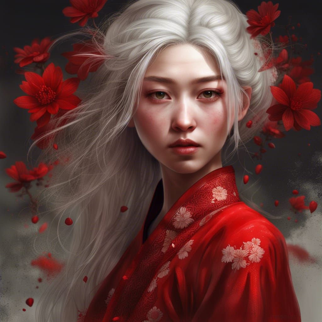 East Asian Girl with White Hair and Red Dress