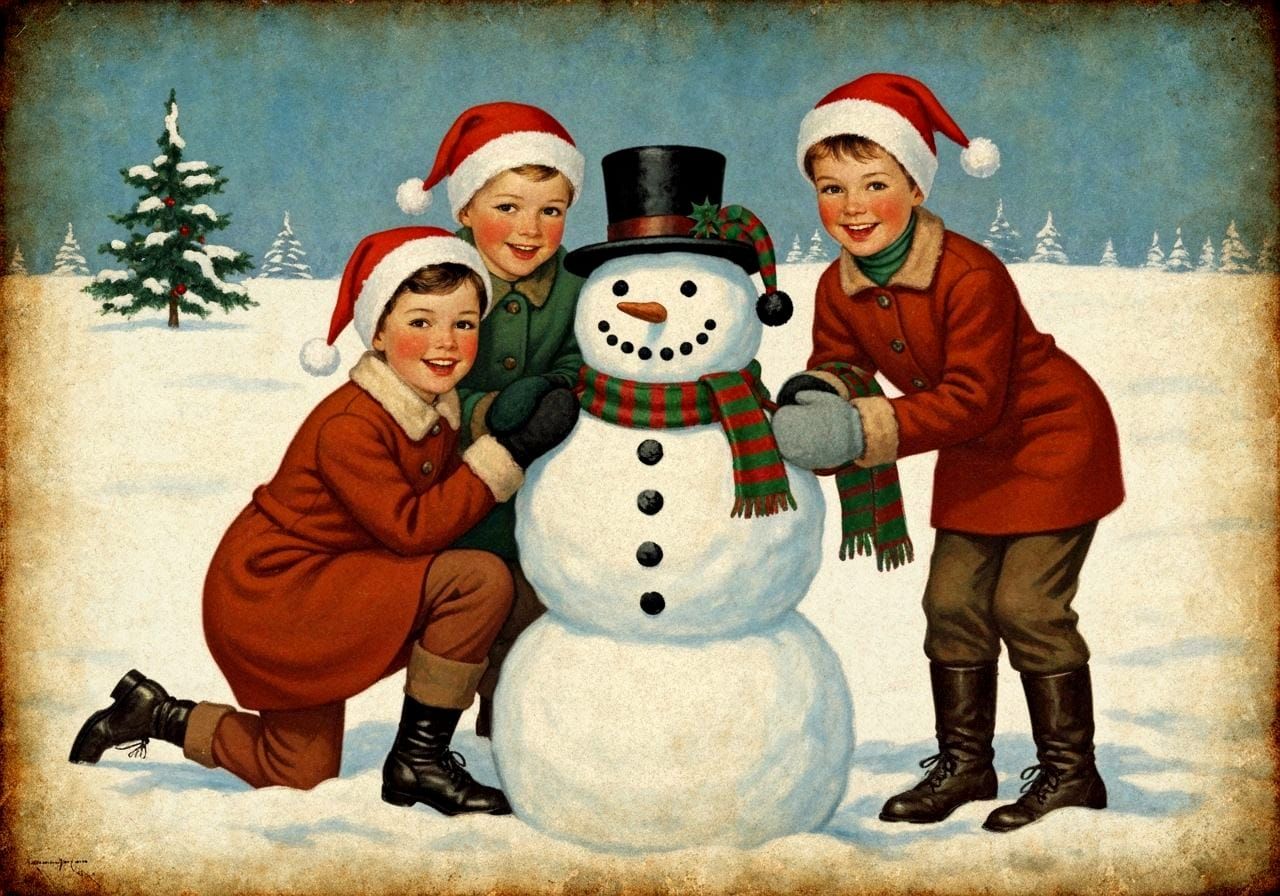 Happy People Build Joyful Snowman in Naive Art Style
