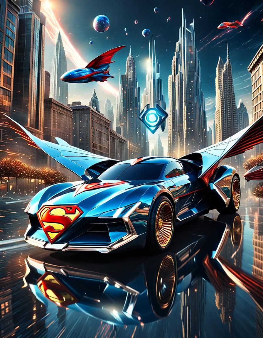Futuristic Kryptonian Car Soaring Through City