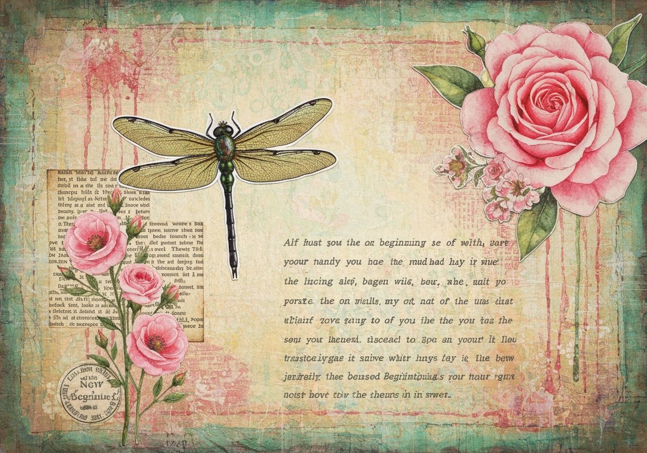 Mixed Media Collage Dragonfly with Pink Roses and New Beginn...
