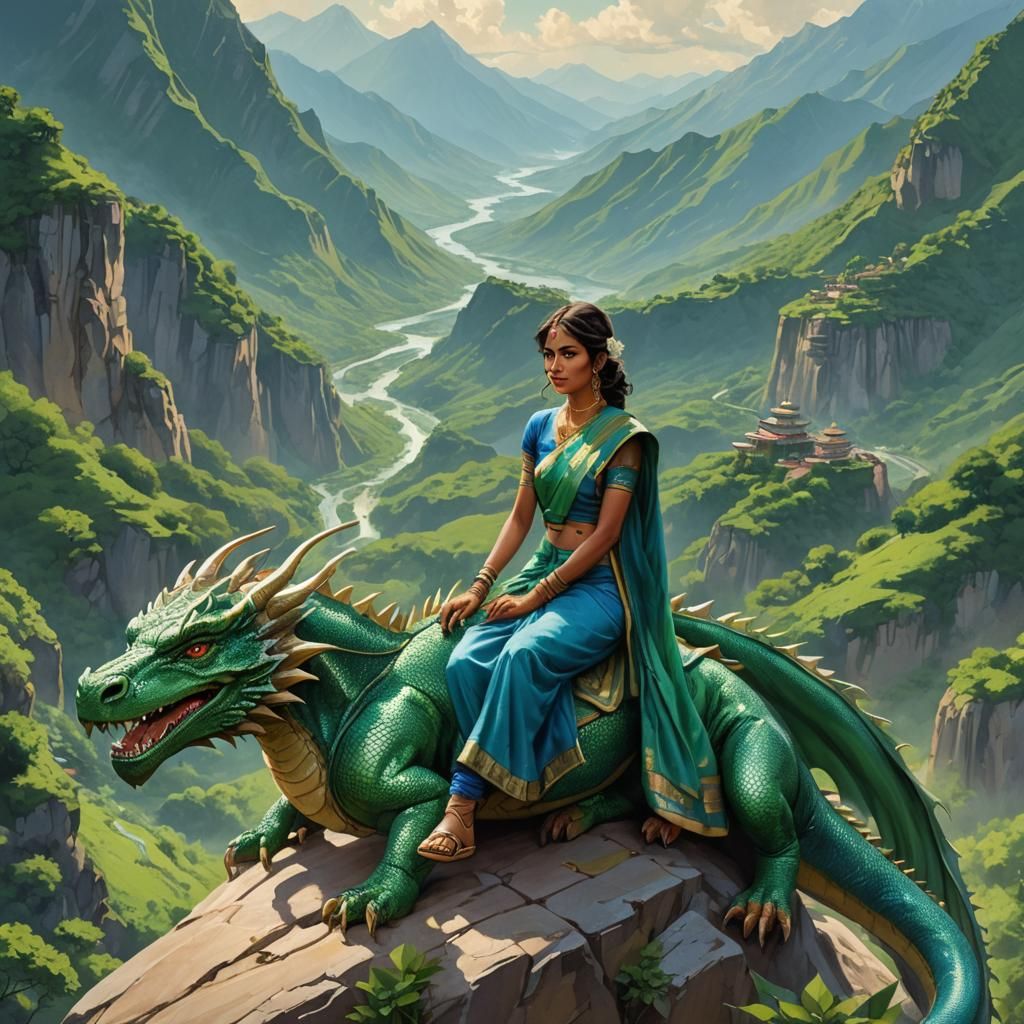 Girl in Sari Riding Dragon on Mountainside