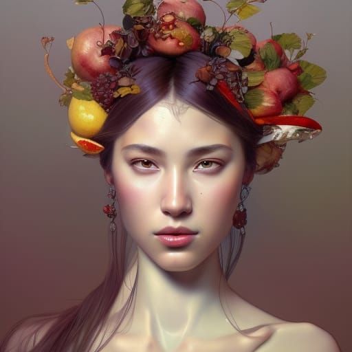 Woman with Fruit Headpiece, Digital Art Portrait