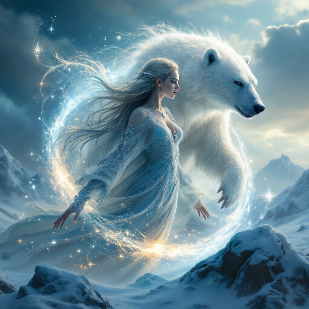 Majestic Elven Sorceress Transforms into Polar Bear Amidst A...