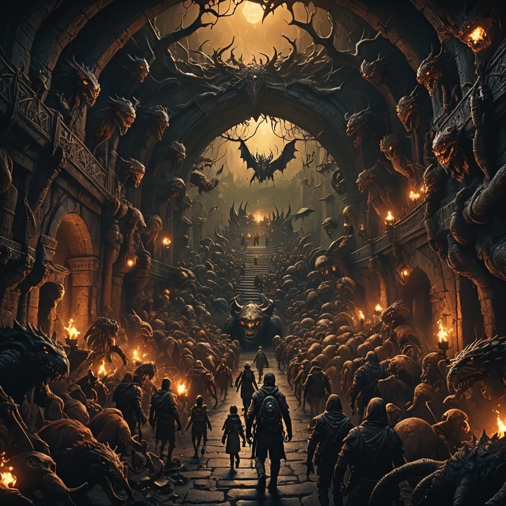 Adventurer Descends into Creature Lair: Dark Fantasy Art