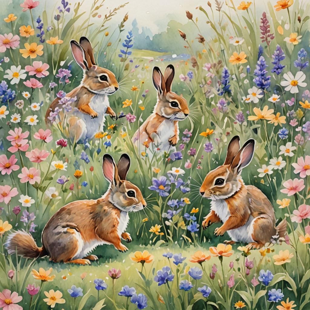 Rabbits and Squirrels in a Springtime Meadow Watercolor