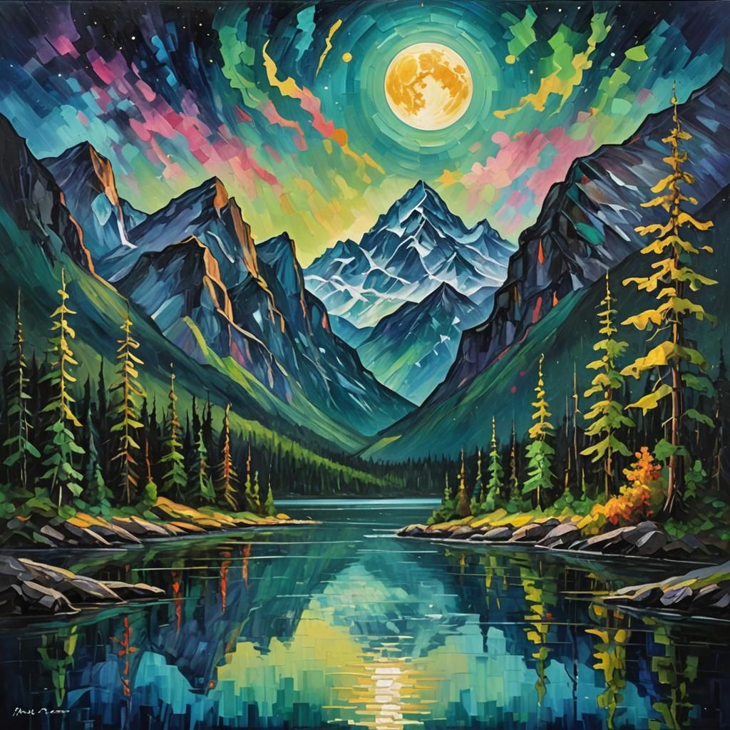 Majestic Moon Over Mountains: Neo-Impressionist Landscape