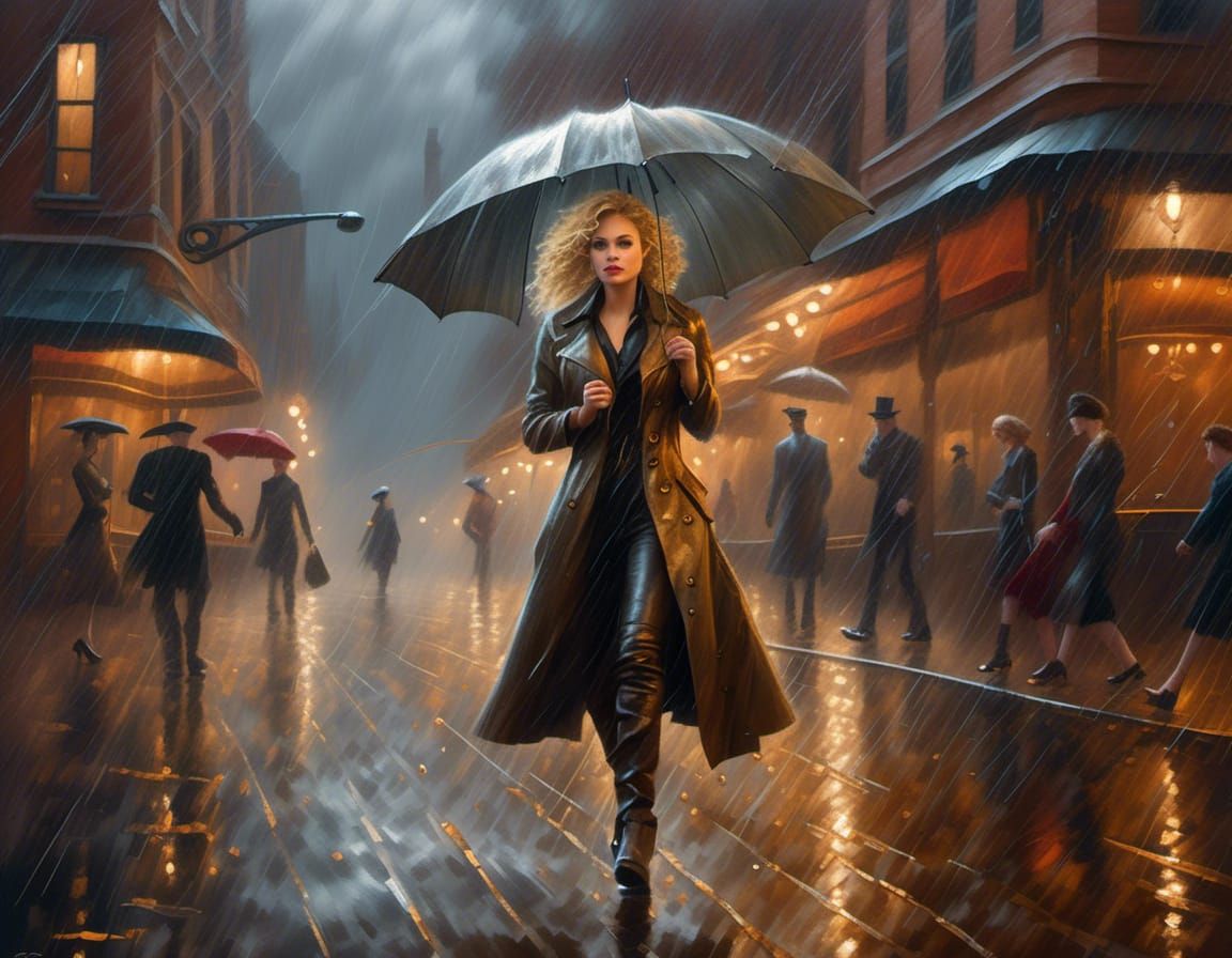 Steampunk City Downpour in Style of Oil Painting