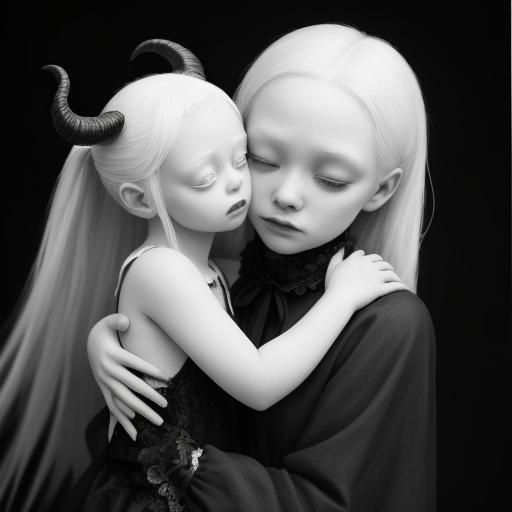 Haunting Embrace: Demon and Albino Girl in Vintage Photo