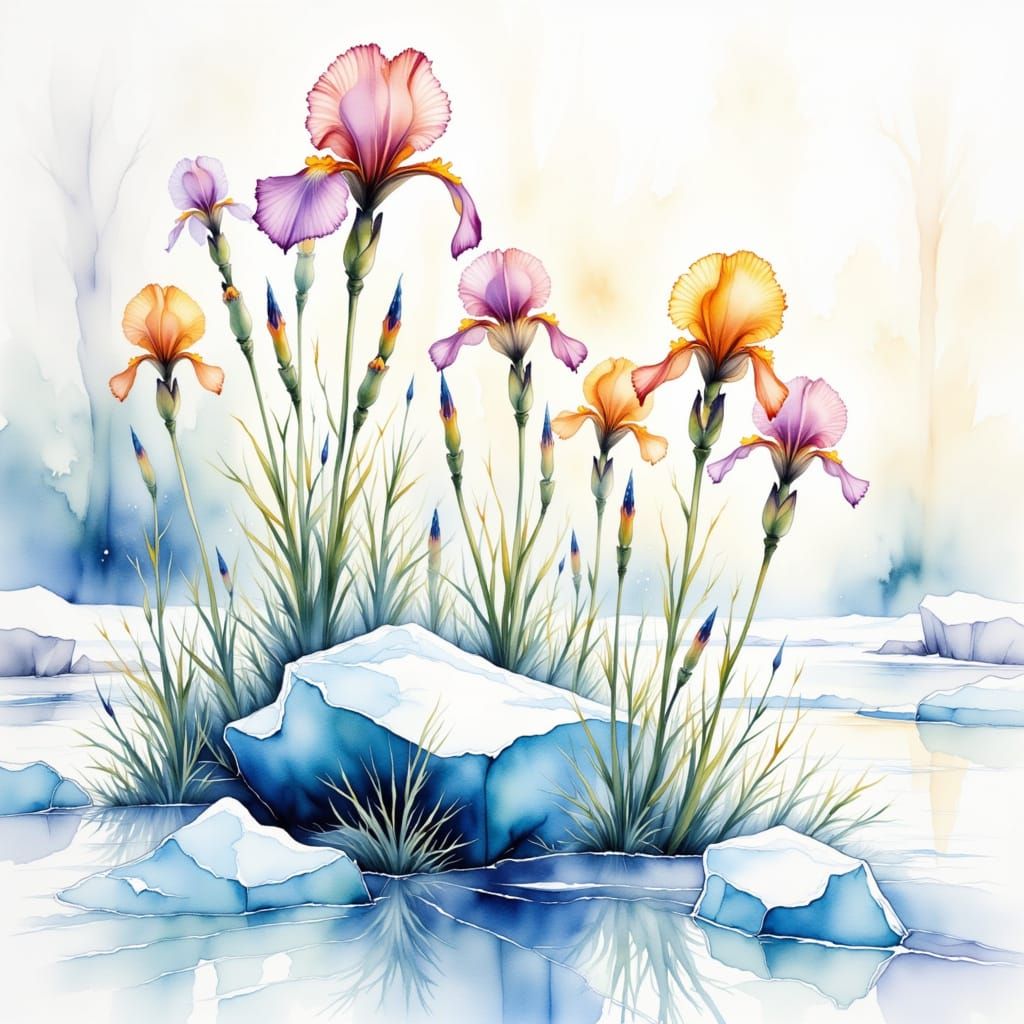Iridescent Iris Bloom on Frozen Island in Watercolour Style