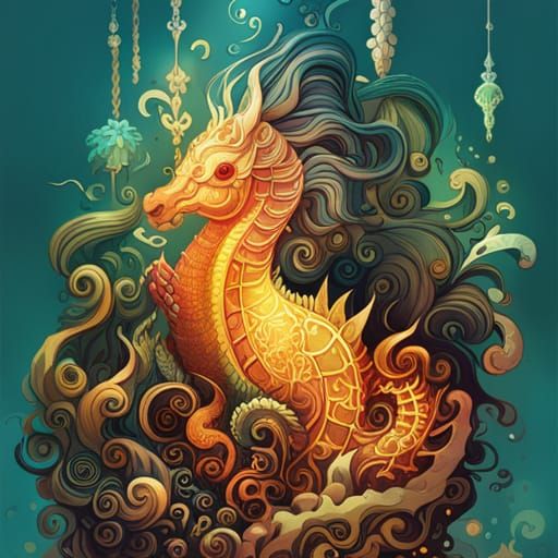 Luminous Seahorse with Golden Outlines Digital Art