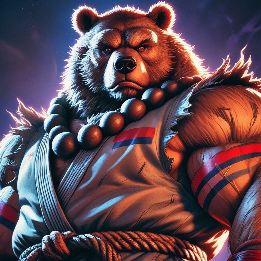 Sarcastic Grizzly Bear Stands Tall in Dark Fantasy Anime Sty...