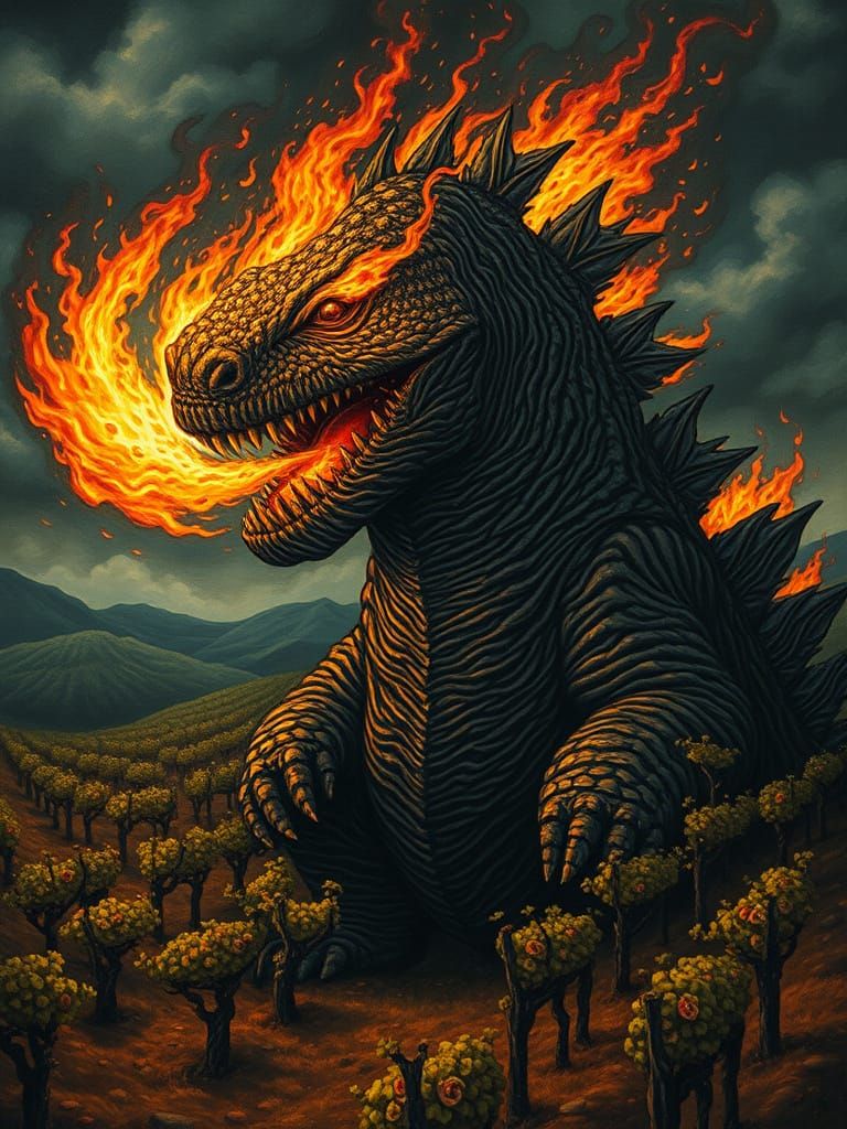 Godzilla's Fiery Gaze: Surreal Vineyard Apocalypse