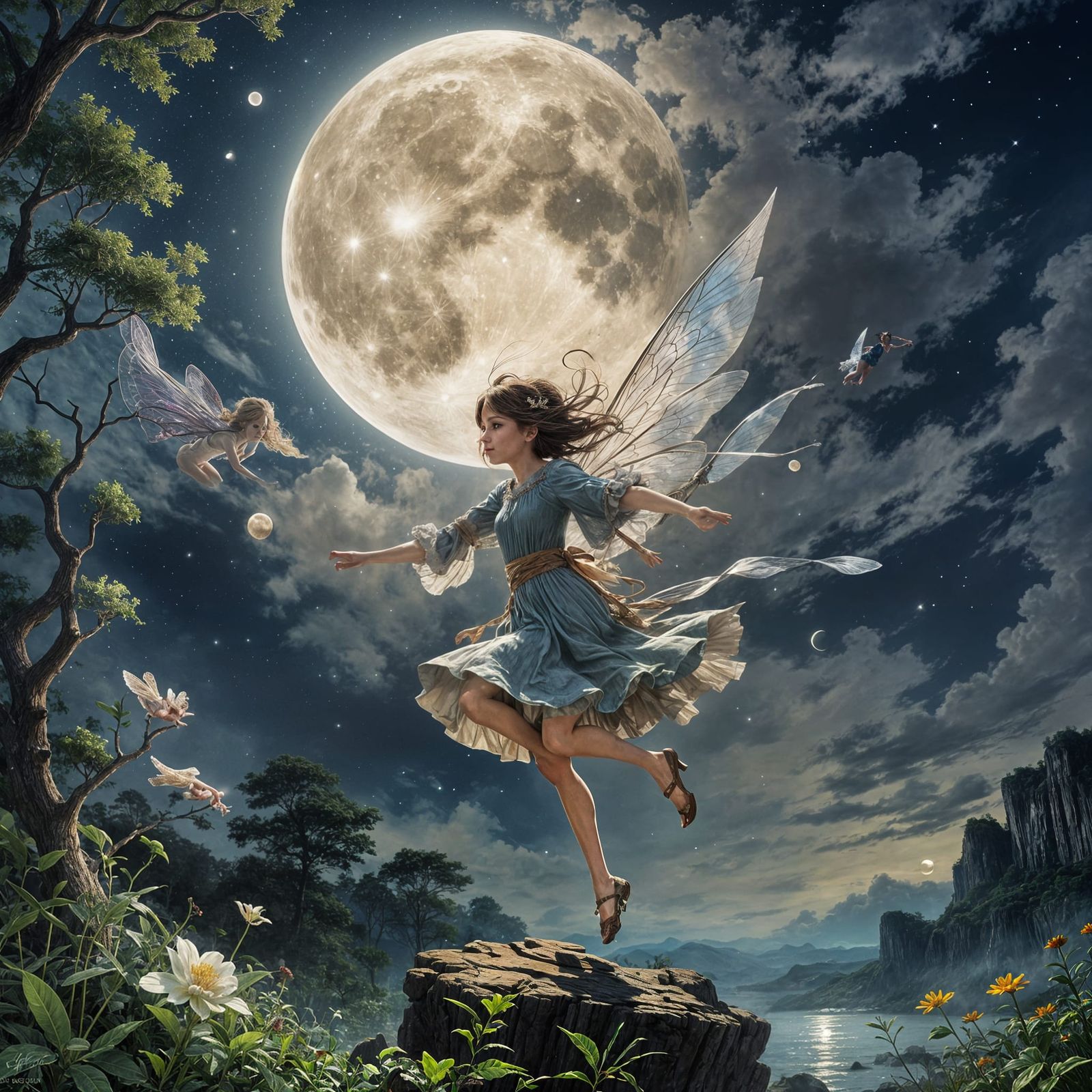Fairy Flying Under Moon, Detailed Concept Art