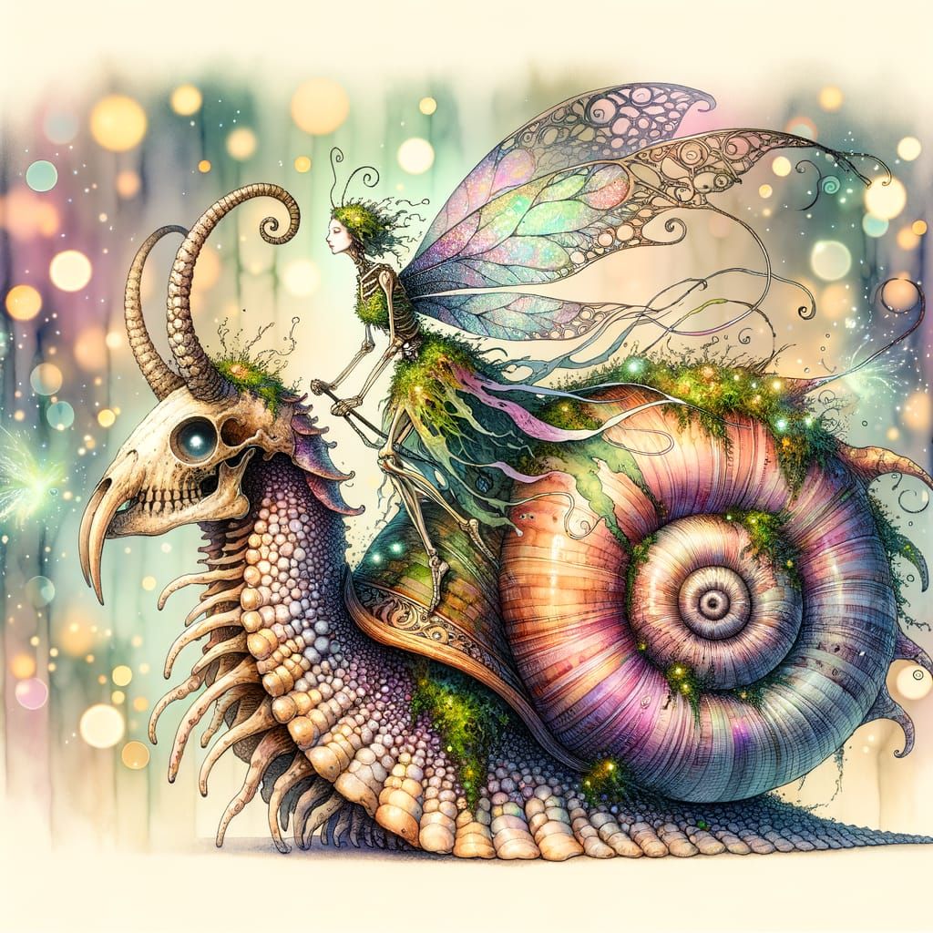 Skeletal Fairy Rides Eldritch Snail-Squid Mount