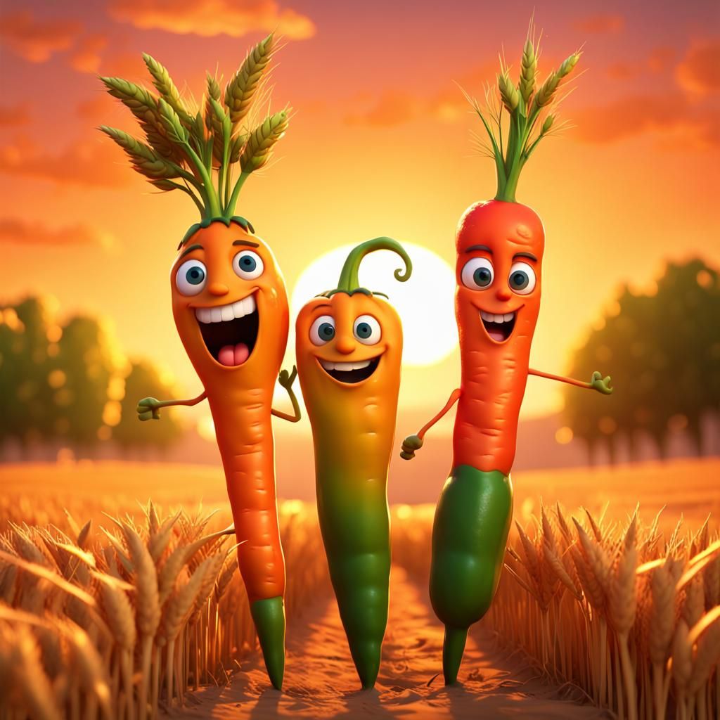 Cartoon Vegetables Dancing in Wheat Field at Sunset