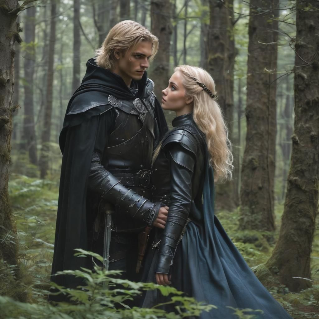 Medieval Lovers Embrace in Rainy Forest Scene