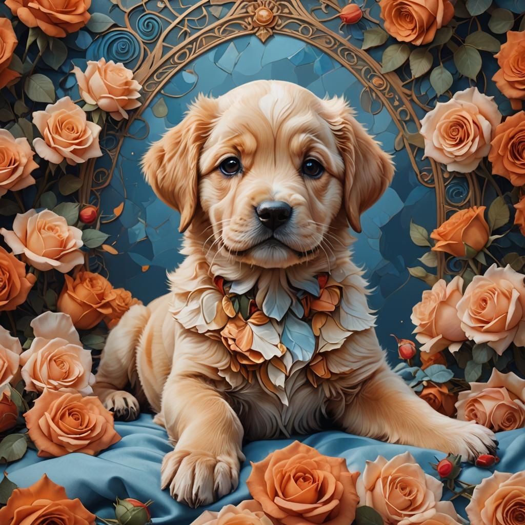 Puppy with Rose in Mouth, Art Nouveau Digital Painting