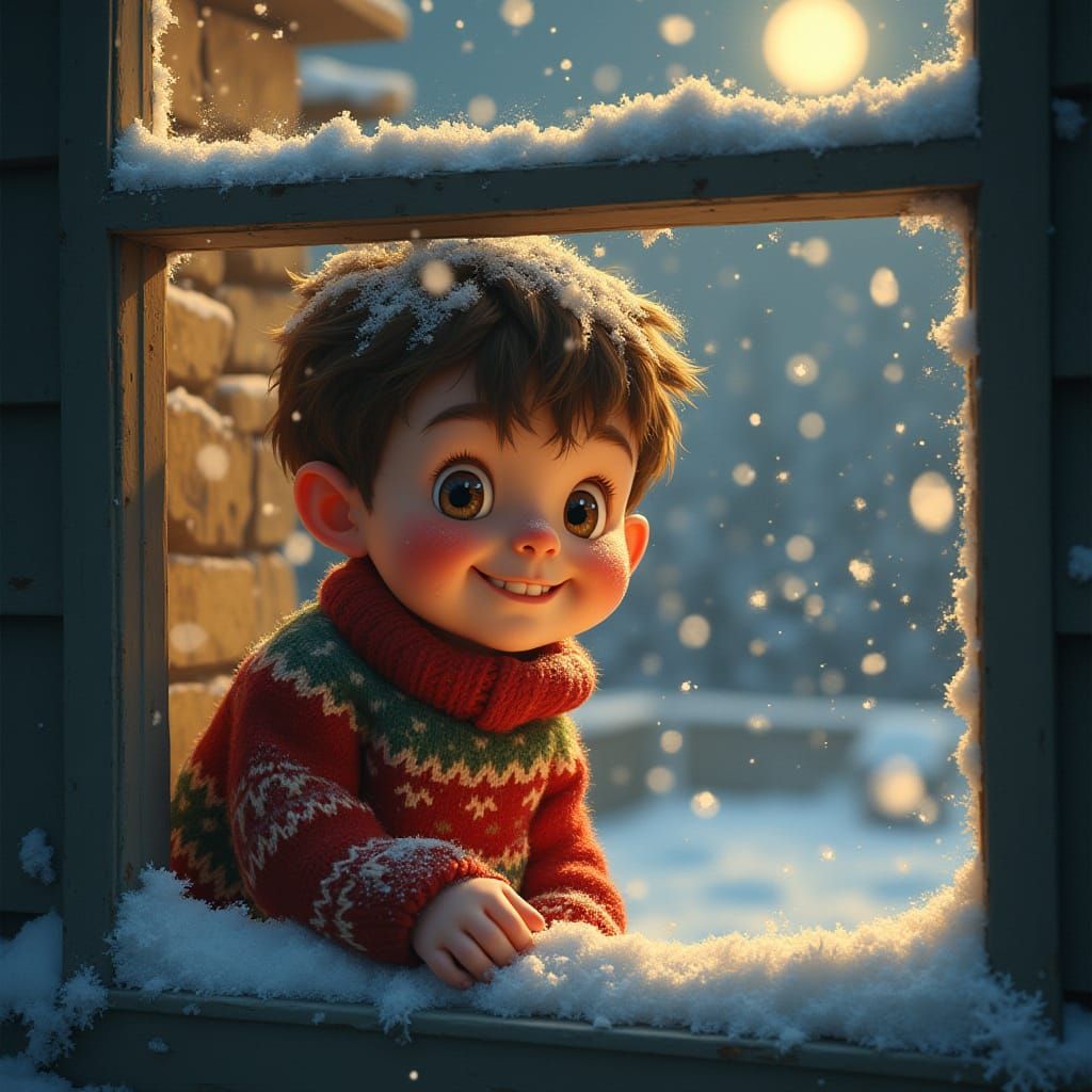Rosy-Cheeked Boy Peeks Through Frosty Window on Magical Chri...