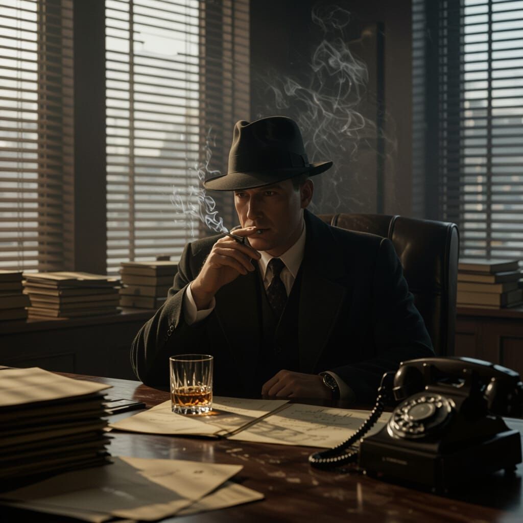 Noir Detective in 1940s Office with Moody Lighting